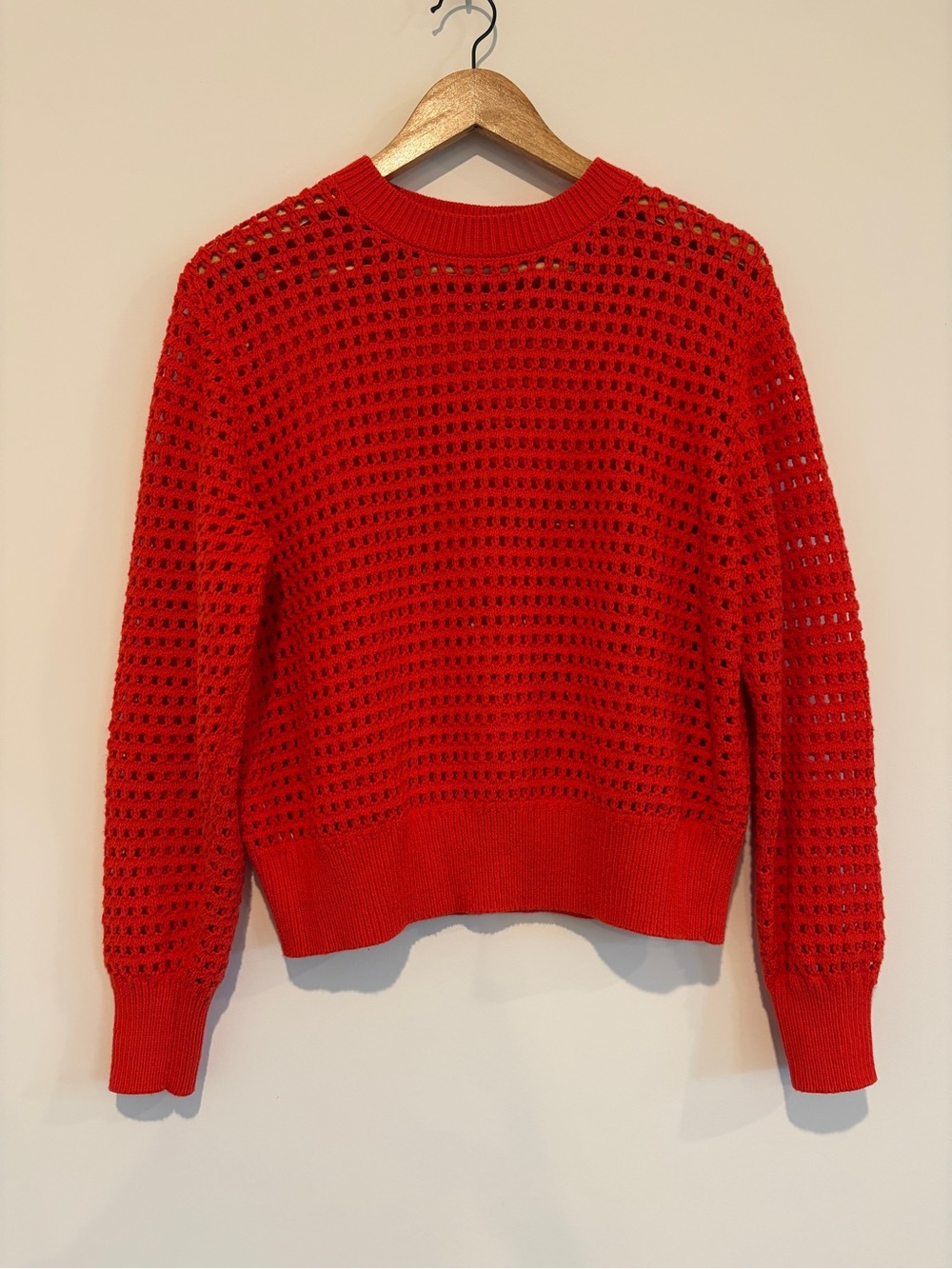 Ann Taylor Size S Red Cotton Blend Open Stitch Crochet Knit Pullover Sweater